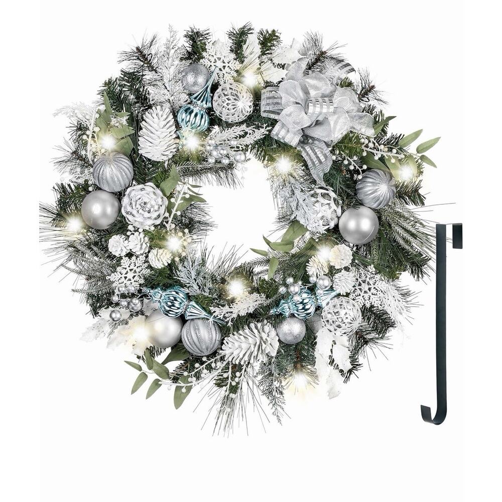 Valery Madelyn 30'' Pre-Lit Christmas Wreath for Front Door with Light Silver